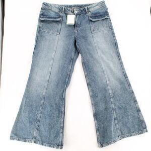 H&M Wide Leg Flare Jeans Womens 14 High Rise Blue Denim Flap Pocket Y2K NWT